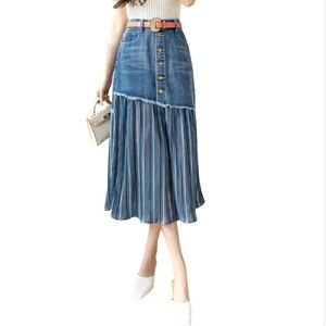New Raw Edge Assymetrical Patchwork Denim Splicing Skirt Striped‎ Pleated Preppy